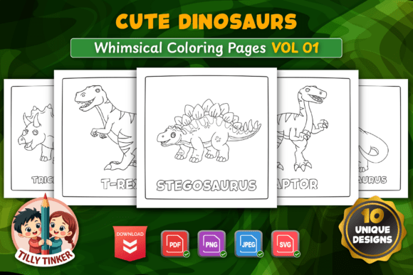 Cute Dinosaur Coloring Pages – Vol 01 Graphics